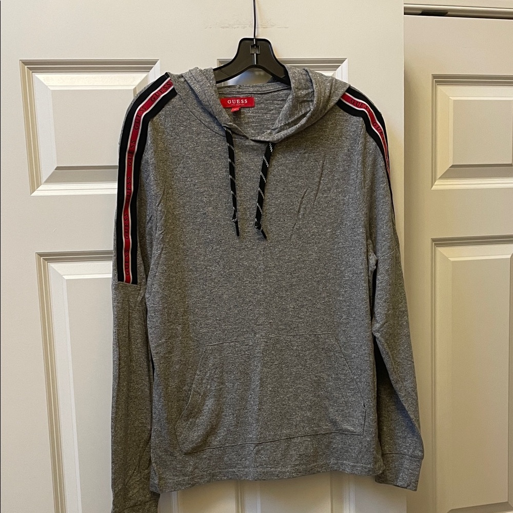Guess Men’s Gray Hoodie with Black and Red Shoulder Stripes